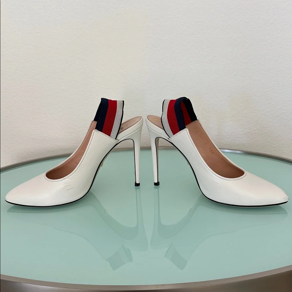 Gucci White Leather Sylvia Elastic Slingback Heels  Box & Two Dust Bags